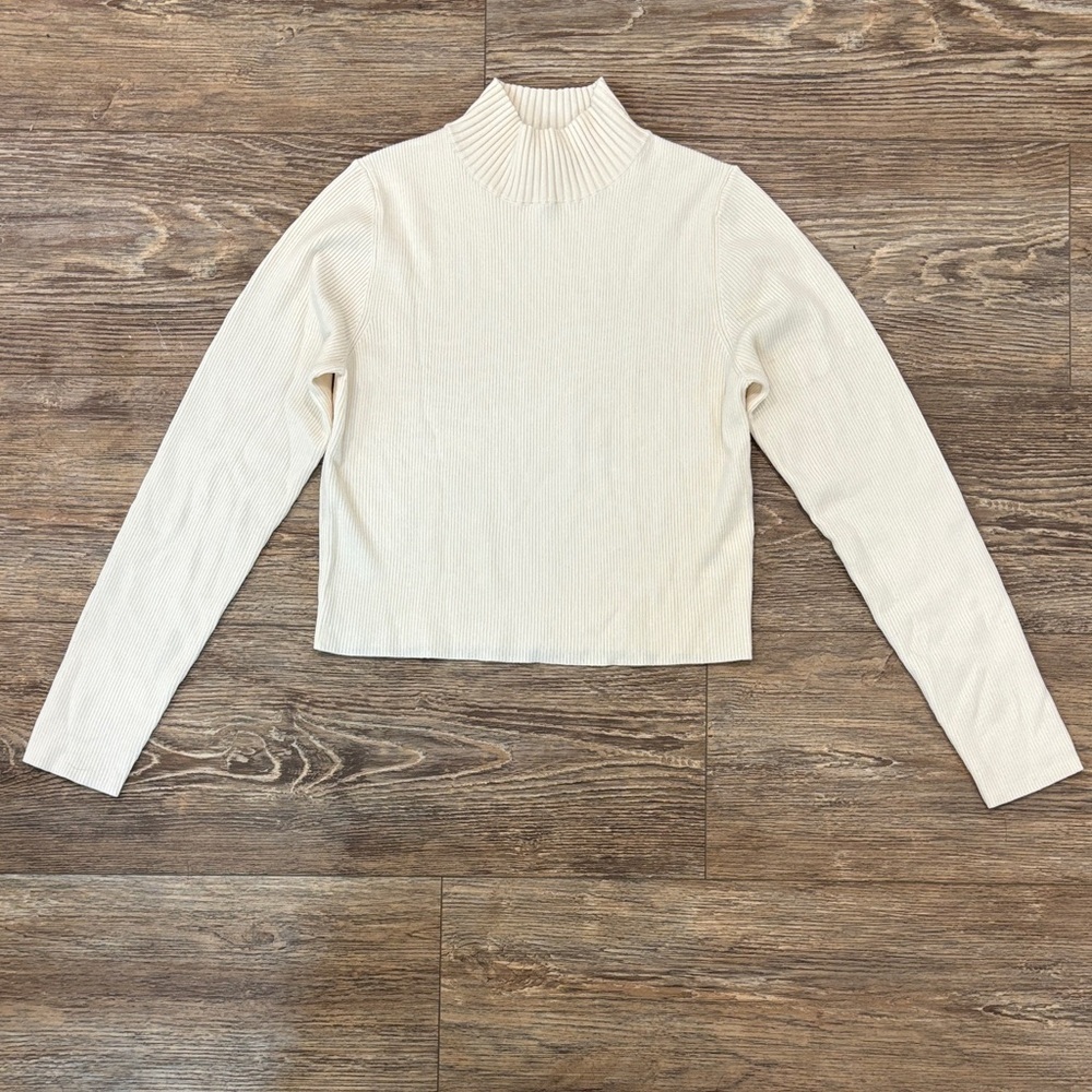 Alice + Olivia Cropped Wool Blend Mock Neck Sweater Cream Ribbed Women's Size XL